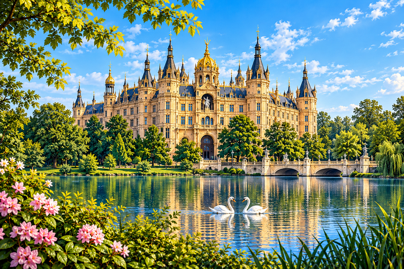 Schweriner Schloss am Wasser mit Schwänen